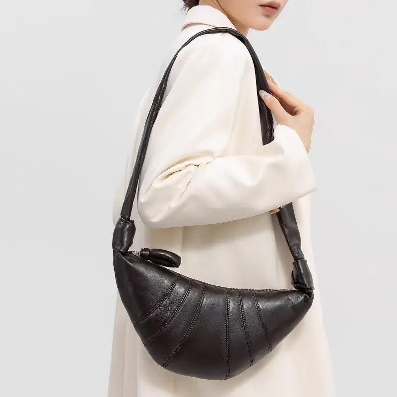 Women's Blofinche Genuine Leather Medium Croissant Bag - Plain Minimalist Knot Strap Hobo with Side Pocket, Zipper Crossbody Shoulder Purse for Daily Casual Wear