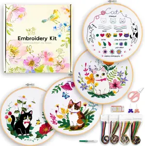 Embroidery Kit for Beginners, 4 Sets Cat Embroidery Kits, Needle Point Kits for Adults Beginner, with Full Package Sewing Supplies and Detailed Easy-to-Follow Instructions, Packaged in Gift Box