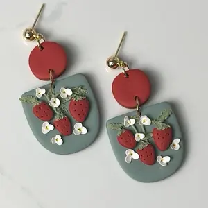 Clay Strawberries Drop Earrings - Green Design with Red Center, Featuring Strawberry and Leaf Accents, Elegant and Unique Style