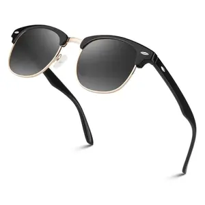 Semi-Rimless Classic Polarized UV400 Black Gold Frame Gradient Gray Sunglasses for Men Women Casual Driving