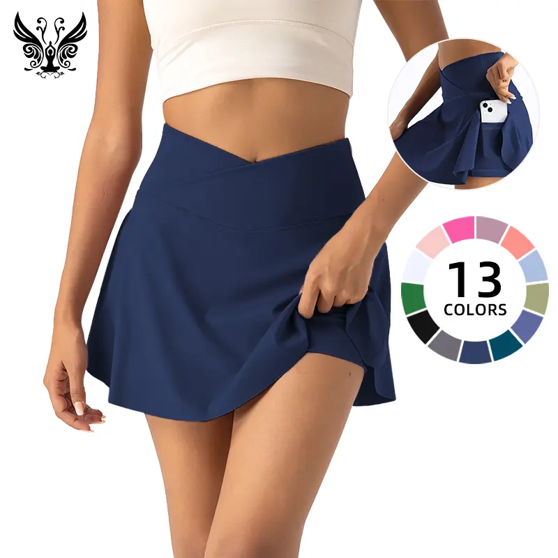 Women's Athletic Sport Skirt - High Rise Crossover Women's Clothes with Built-in Shorts, Pocket, Full Coverage, Quick Dry Fabric, 13 Vibrant Colors for Tennis, Golf, Day-to-Day Wear, Workout, Soft, Stretchy, V-Shaped Crossover Waist, Yoga, Hidden Pocket,