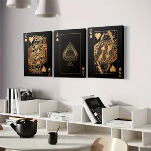 3-Piece Framed Wood Canvas Wall Artwork - Black and Gold Playing Cards Painting, King Queen of Hearts Ace of Spades Triptych Print, Luxury Hanging Gift for Gaming Room Man Cave Decor