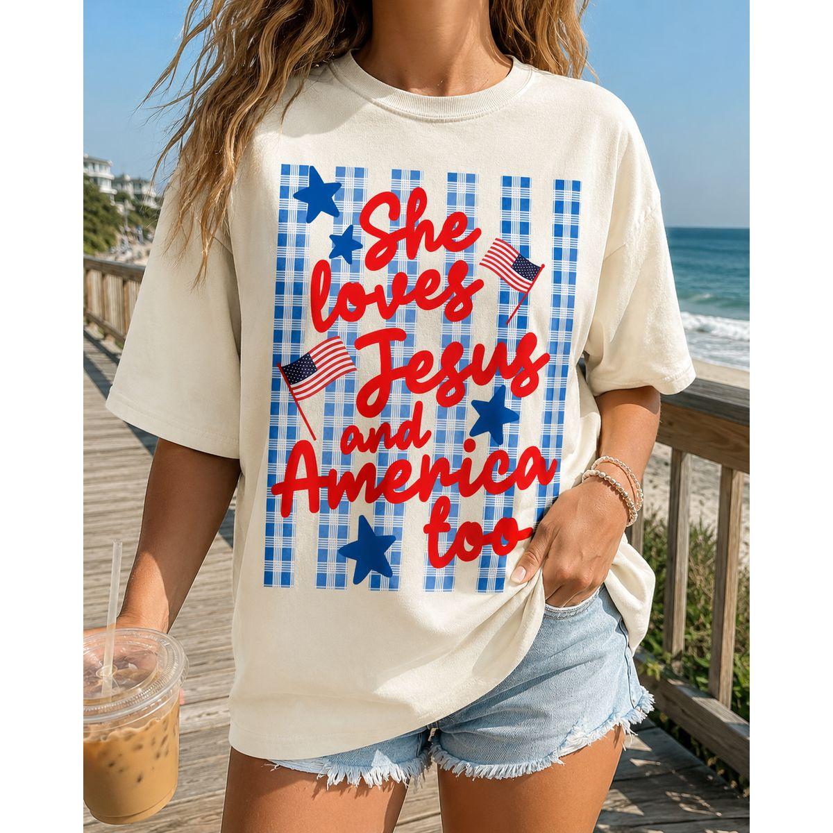 Comfort Colors She Loves Jesus And America Too Tee, Faith Patriotic American Girly Shirt, Whimsy Dainty Stripes Memorial Day Shirt – Squirrel Corner