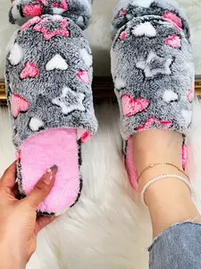 Autumn-Winter Heart and Star Pattern Indoor Non-Slip Women's Warm Thick-Soled Couple Slippers, Ladies' Home Slippers