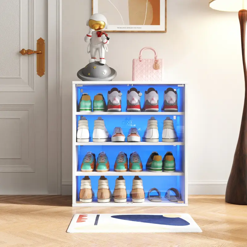Shoe Box with RGB LED Light, Wooden Stackable Shoe Storage Box with Glass Door, Shoe Storage Bin Shoe Display Case for Sneakers (4 Tier-1),Space-Saving Shoe Rack for Sneaker Boot Container,Thicken and reinforce,for Entryway,Front Door,Foyer,Hallway