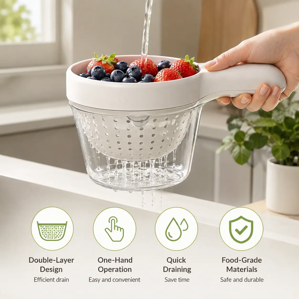 Double Layer Perforated Colander Basket - 1 Count Kitchen Utensil with Handle, Single-Hand Operation, Efficient Drainage for Washing Veg and Draining Fruits/Vegetables