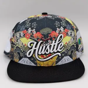 Casual Style Hats - Hustle Snapback Hat with Mountain, Crane, Flower Prints