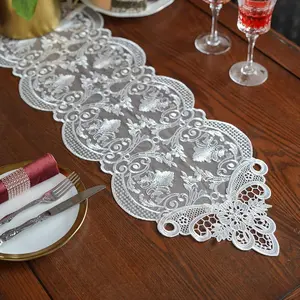 Lace Table Runner Dresser Scarf Macrame Embroidered Table Runners with Exquisite Flower  Shabby Chic for Wedding Holiday Dinning (10 x 36 Inch, Offwhite-2)