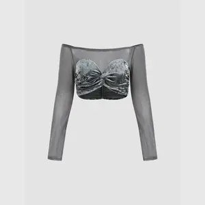 Cider [size 2-10] Velvet Off-shoulder Patchy Knotted Crop Top