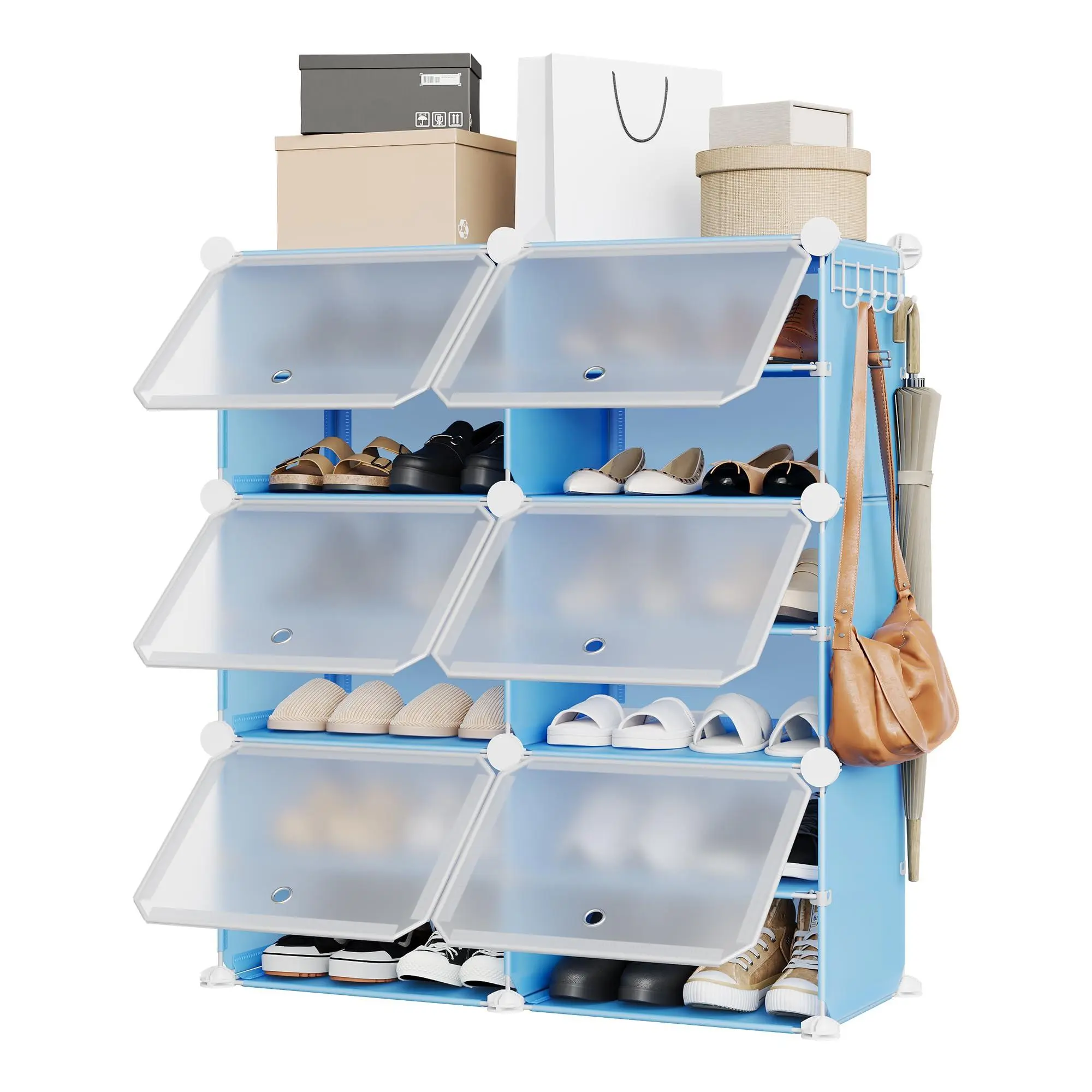 Space-saving modular shoe rack for entryway and bedroom – 6 cubes with translucent doors, made of plastic, easy to assemble, with dust panels and side hooks – Blue