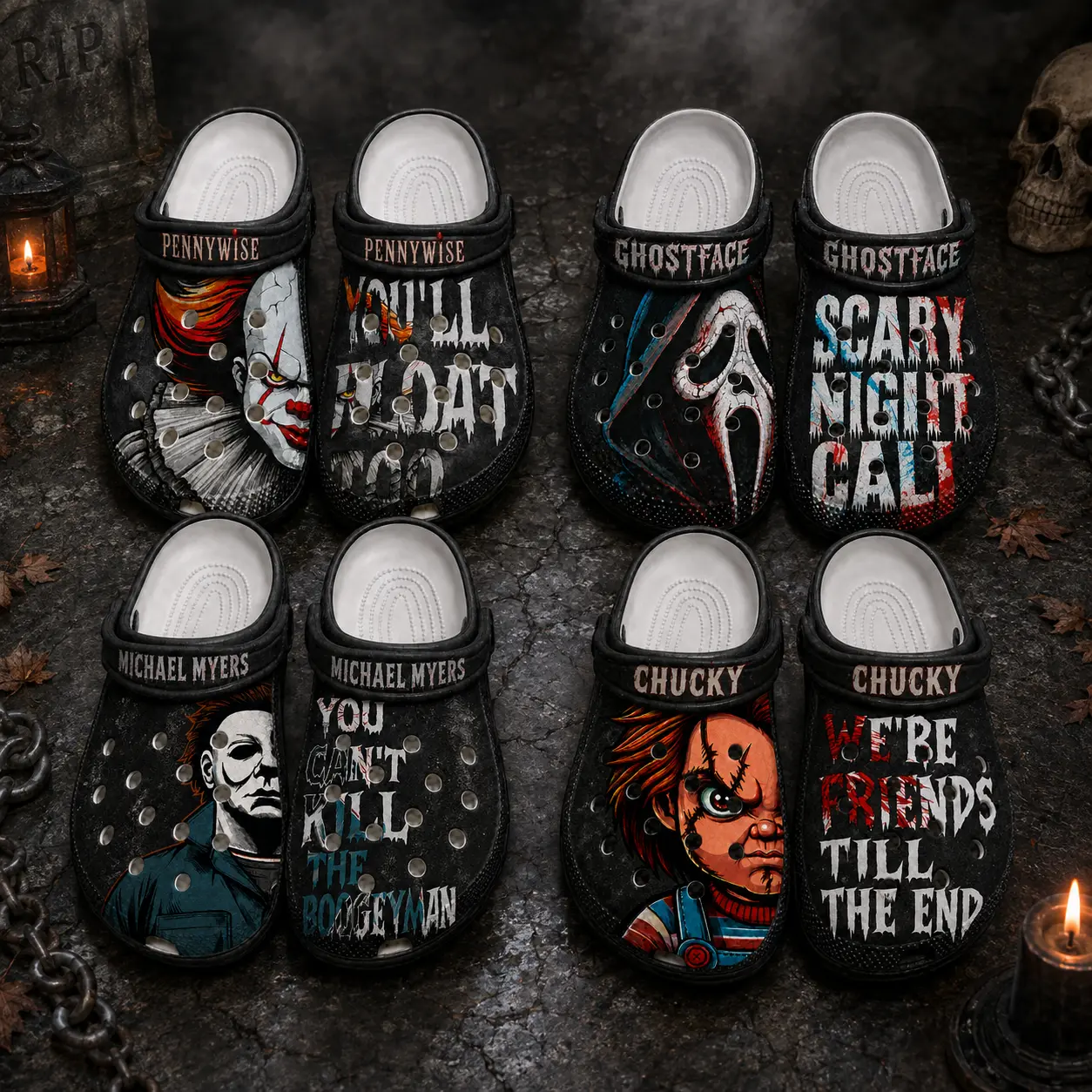 (No Box ) Horror Halloween  Character Clogs, Spooky Halloween Graphic Shoes, Scary Movie Inspired Slip On Sandals, Pennywise Ghostface Chucky Michael Myers Style Clogs, Unisex Gift for Horror Fans