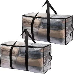 2-Packs Large Moving Bags, Waterproof with Handles & Zippers Bags for Clothes Packing, Dorms, College Supplies, Saving, Clear