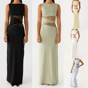 Women Long Dress Lace Patchwork Sleeveless Dress Summer Casual Fashion Bodycon Dress