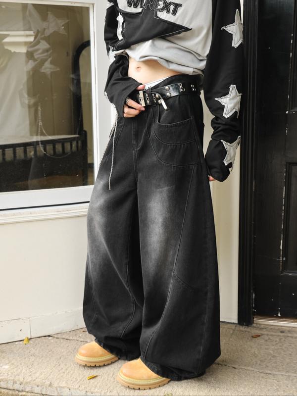 Men's Denim Jeans with Curved Knife Patchwork, American Style Y2K Streetwear Rock Casual Stacked Wide Leg Pants, All-Seasons