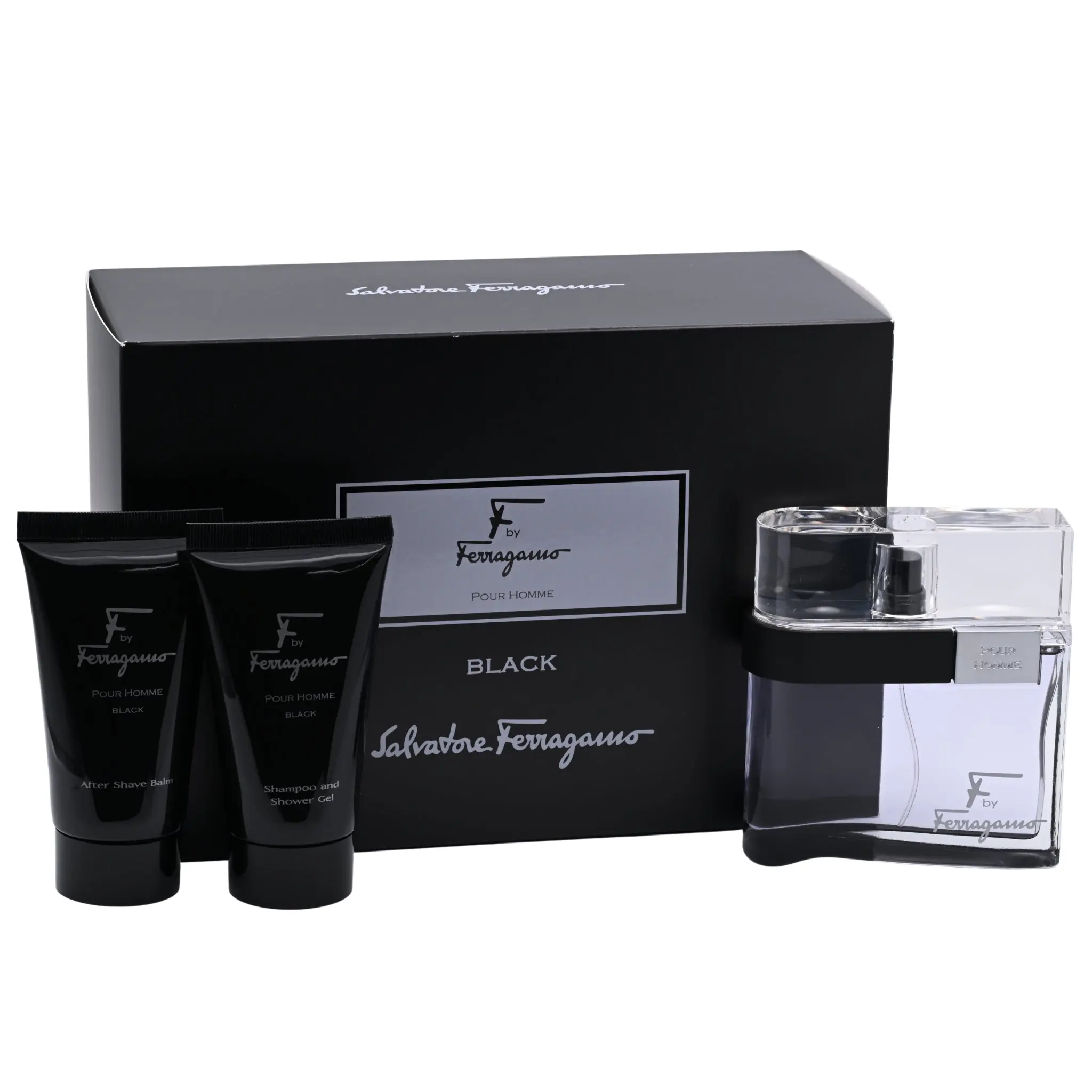 Men's Salvatore Ferragamo F Black Fragrance 3-Piece Complete Kit - New in Box, Body Care Skin & Cologne Set with Body Gel, Shower Gel, Scented Balm, Cologne Body Care