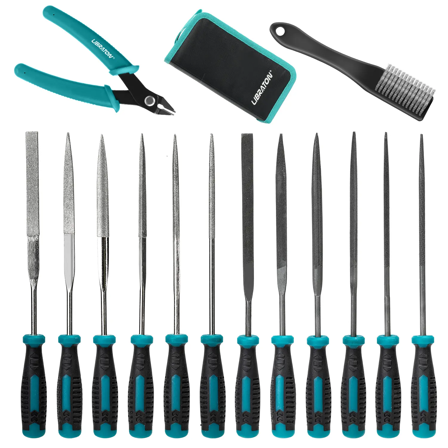 Libraton Needle File Set, Diamond Needle File Set, 14PCS Small File Set, 6 Diamond Files & 6 Carbon Steel Files with Wire Cutter, Steel Brush, Carry Bag, Jeweler File Tools for Soft Metal,Wood,Model