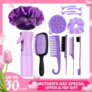 【Mother‘s Day Gift】Purple 6-in-1 Hair Brush Set with Detangler & Combs for Straight Curly All Hair Types Wet Dry Adults Children 13 Counts Hair Care Kit