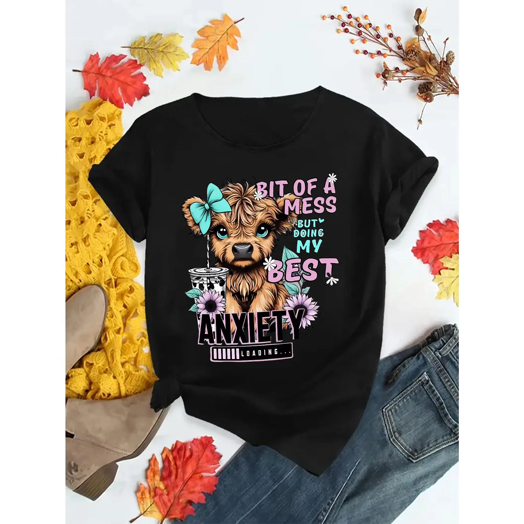Women's Cartoon Cute Cow Print Short-Sleeve Round Neck T-Shirt - Comfortable Streetwear Casual Top for Women, Shortsleeve, Tshirt