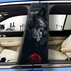 2 pieces of black wolf red rose dark car sticker - gothic skull rose design B pillar protective sticker, self-adhesive glossy weathering window wall decoration sticker, retro psychedelic aesthetic enhancement, gothic car decoration,