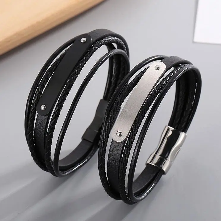 Male Versatile Elegant Modern Bracelets Set - Minimalist Stainless Steel Piece with Curved Brand Design, Multi-Layer Leather Braided Cuff, Engravable Titanium Steel Accessory, Engraved With Text, Permanent Engraving Bracelets & Bangles, Custom Engraved Br