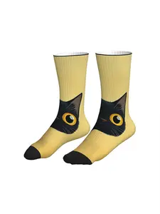 Men Women Solid Light Yellow Background Adorable Black Cat With Big Golden Eyes Mid Calf Socks Minimalist Animal Streetwear Socks