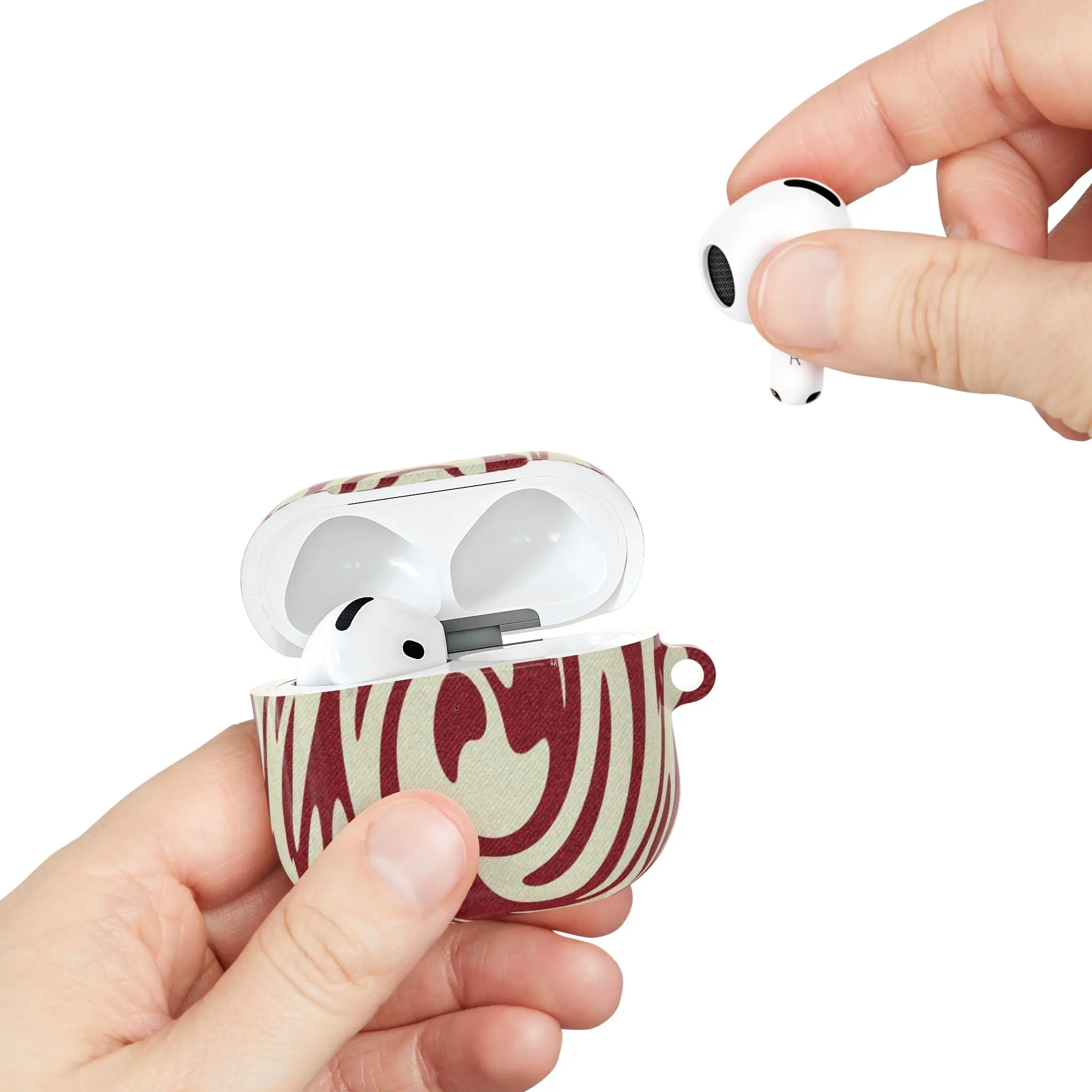 Retro Crimson Swirl Wireless Earbuds Charging Shell, Abstract Red & Cream Protective Audio Accessory with Keychain Loop