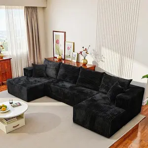 High-density foam compression sofa, 130-inch boneless living room sofa, U-shaped combination sofa bed, deep seat, lounge chair, modular, corduroy, 8 pillows, high resilience feature