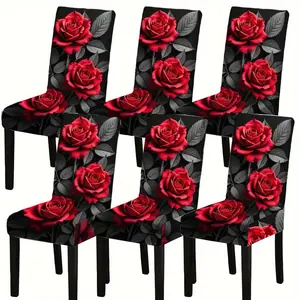 4/6pcs Red Rose Floral Print Elastic Chair Covers Stretch Dining Chair Protectors for Home Living Room Kitchen Universal Fit Polyester and Elastane Vintage Style Machine Washable