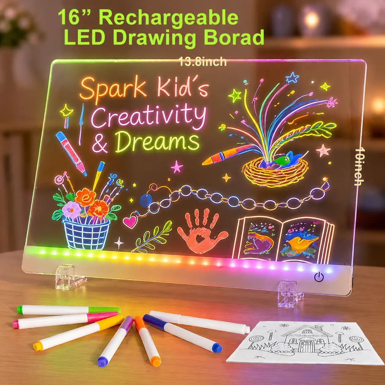 16inch Rechargeable LED Drawing Board with 13 Light Modes, Light Up Reusable Acrylic Message Board,Illuminated Night Light, Includes 8 Line Art Sheets, Stand &Hanging Chain, Neon Colors Markers&Dry Erase Board for Kids, Office& Store Display,Gift for kids