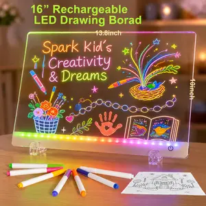 16inch Rechargeable LED Drawing Board with 13 Light Modes, Light Up Reusable Acrylic Message Board,Illuminated Night Light, Includes 8 Line Art Sheets, Stand &Hanging Chain, Neon Colors Markers&Dry Erase Board for Kids, Office& Store Display,Gift for kids