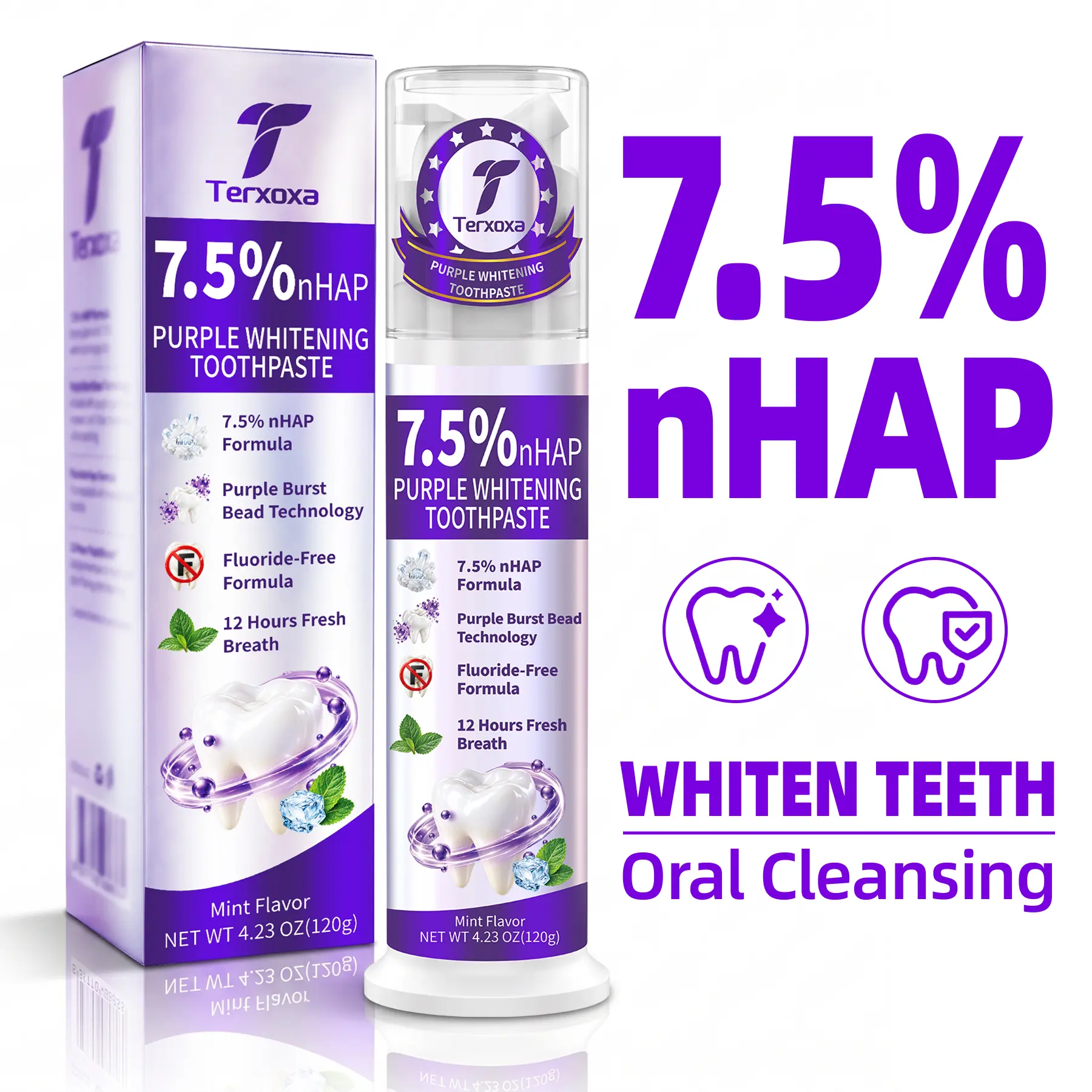 7.5% Nano Hydroxyapatite Toothpaste, Fluoride Free, Mild Formula, Effectively Removes Tooth Stains, Whitens and Brightens Teeth, Purple Color Correction, Mint Flavor, 12 Hour Long-Lasting Fresh Breath, Pump Head Bottle, 4.23oz, Daily Care Toothpaste