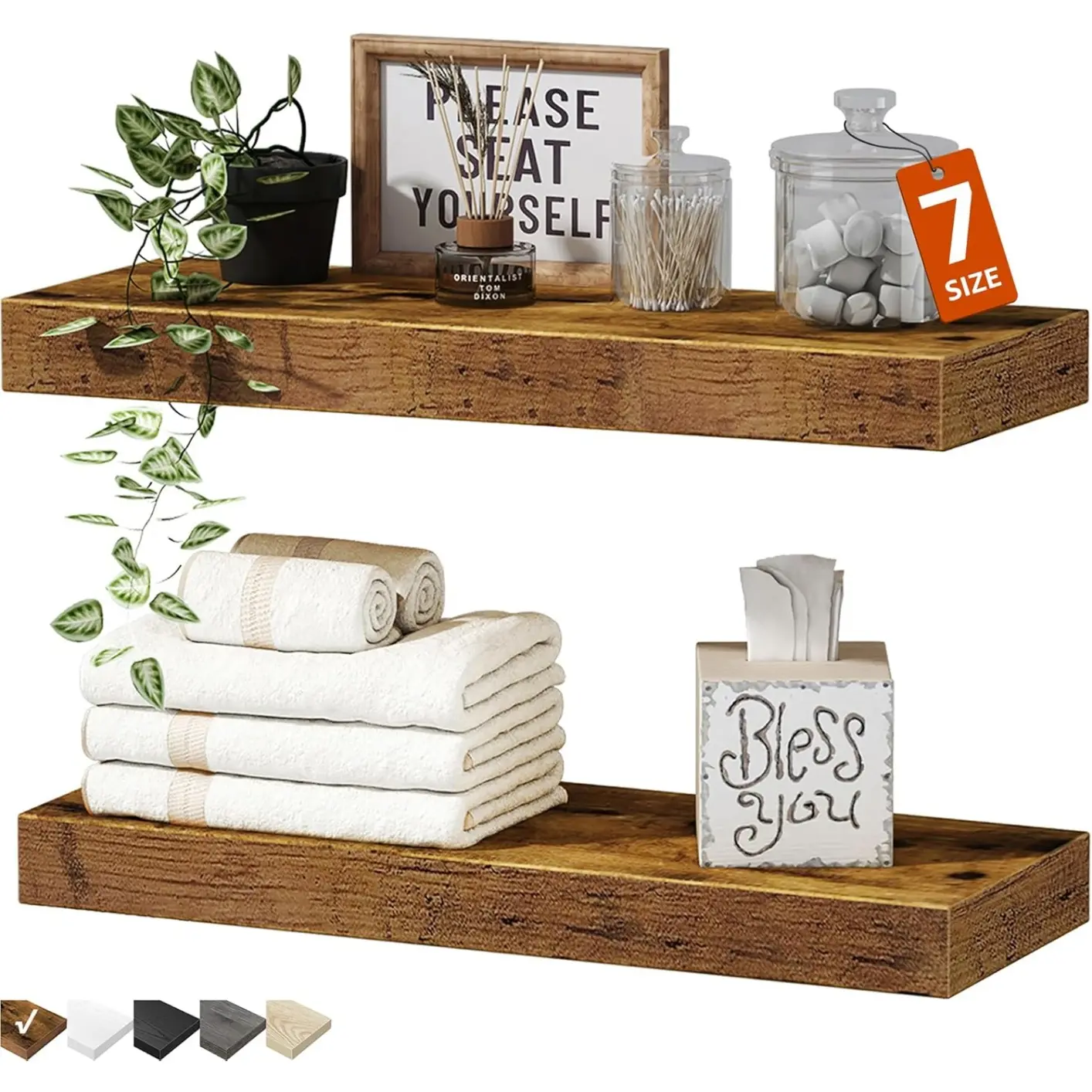 Bathroom Floating Shelves for Wall - 15.7" Wall Mounted Shelf Over Toilet Farmhouse Home Decor Display Bookshelf Wall Shelf Unit Small 15.7 x 6.7 inch Set of 2, Rustic Brown, Wall Mounted Organizer
