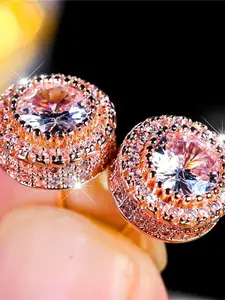 Luxury Female Synthetic Crystal White Round Zirconia Stud Earrings Vintage Rose Gold Color Wedding Fashion Jewelry For Women Artificial Zirconia Earrings