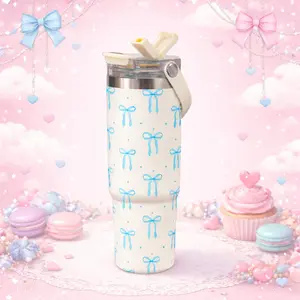 1 Pc 30oz insulated mug with handle and straw, Tumbler, cream white with blue bow design, double wall vacuum cup, leak-proof skinny thermal mug, keeps hot 12 hours and cold 24 hours, perfect for coffee tea smoothies cocktails, holiday gift