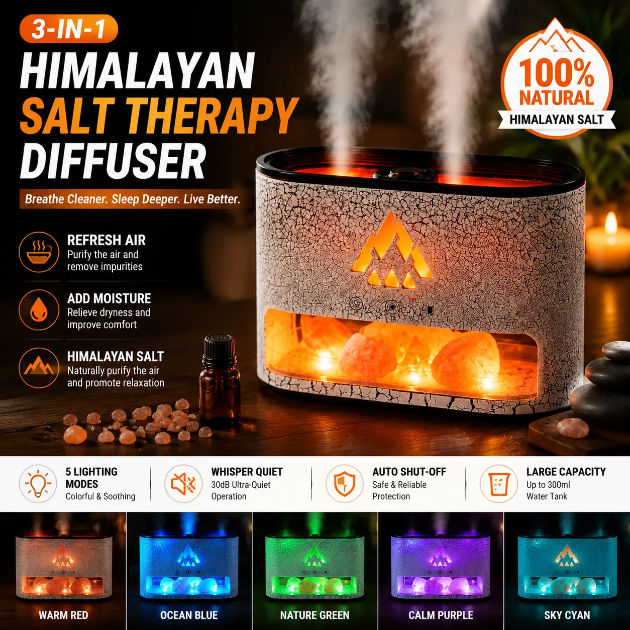 3-in-1 Himalayan Salt Diffuser Lamp, Essential Oil Aroma Humidifier with Mist & Color Changing Mood Light, Natural Salt Crystal Home Decor, Halloween Fall Christmas Gift