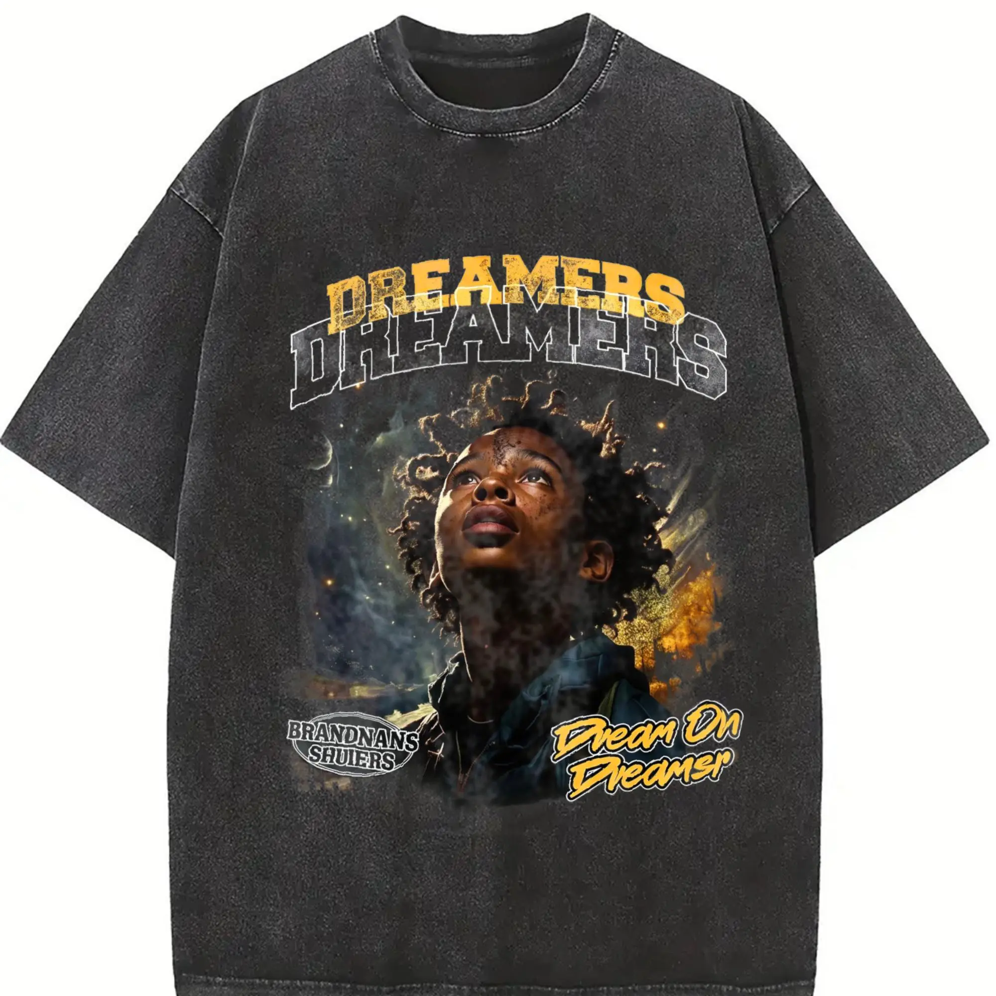 Men's "Dreamers" Galaxy Portrait Graphic T-Shirt, Double Sided Print, Dreams Become Reality, Black Oversized Streetwear Tee
