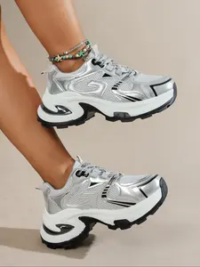 Women's New Dad Shoes, Chunky Heel Thick Sole Silver Color Casual Sneakers Wedge Trainers, All-Seasons Patchwork Fashion Footwear