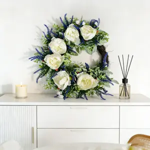 Elegant Peony Wreath, Cream Flowers with Blue Lavender and Eucalyptus, Seasonal Porch and Entryway Decor, Year-Round Ornament