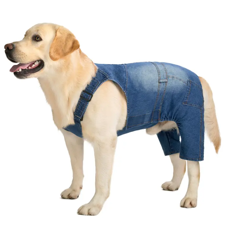 100% Cotton Denim Bib Pants Dog Clothes for Medium-Large Dogs (Labrador Retriever Compatible, Size 30 Included, 26-38 Fit) with Adjustable Straps, Belly Patch, Stomach Protection, Warmth, Durability, Soft Postwash, Stretch, Breathable Comfort, All Seasons