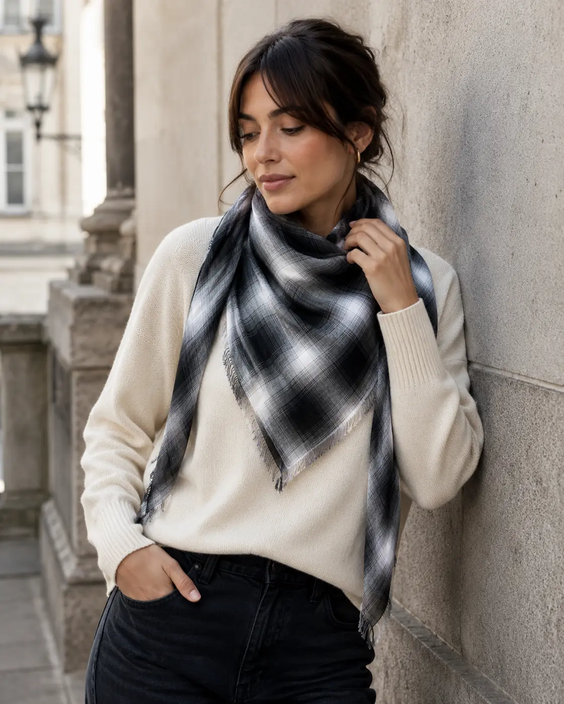 Women's Black & White Plaid Square Scarf – Lightweight Frayed Edge Blanket Scarf for Neck, Hair, Head Wrap and Everyday Fall Layering