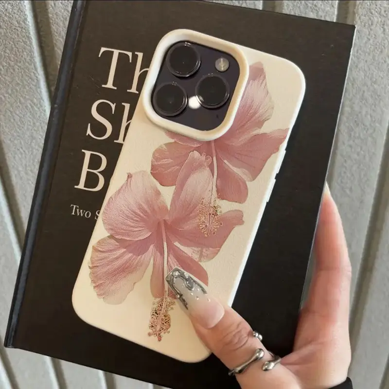 Pink Hibiscus Print Plastic+TPU Casing for iPhone 16 Pro Max - Shockproof Phone Case, Elegant High-Aesthetic Mobile Accessory with Anti-Drop Protection