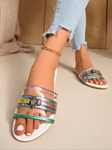 Women's rainbow metal strip summer slides, metal buckle embellished flat sandals