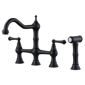 WOWOW Black Kitchen Faucet with Side Sprayer, 4 Hole Brass Kitchen Faucets for Sink, 2 Handle 8 Inch Centerset Bridge Faucet