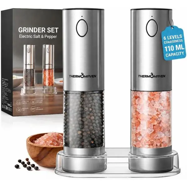 ThermoMaven Upgraded Larger Capacity Electric Salt and Pepper Grinder Set, 110ml Rechargeable Salt and Pepper Shaker with LED Light, Stainless Steel Automatic Pepper Mill with 6 Adjustable Coarseness