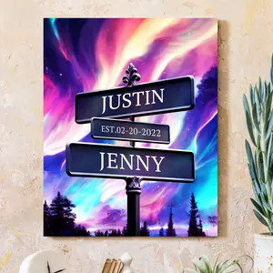 Crossroads Sign Couple's Name and Date on Street Beautiful Abstract aurora night Canvas Prints Love Gift for Anniversary,Wedding,Birthday and Holidays