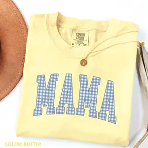 (PRINT) Comfort Colors Gingham Mama Shirt, Cute Mom Graphic Tee, Mother’s Day Gift for New Moms, Baby Shower Present, Women Outfit, Minimalist T-Shirt, Casual Shirt, Cotton Fabric, Gift For Her