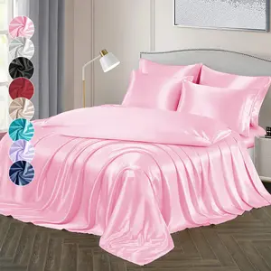 Solid Color Satin Bedding Set, 7 Counts/set Including 1 Fitted Sheet & 1 Flat Sheet & 4 Pillowcases & 1 Body Pillowcase, Bedding Supplies for Home Bedroom, Satin Bed Sheets