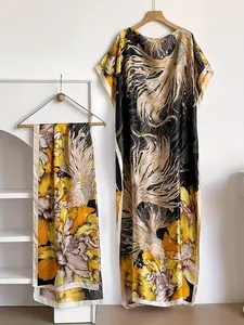 New Middle Eastern style loose long dress, silk-like beach cover-up robe Batwing Print
