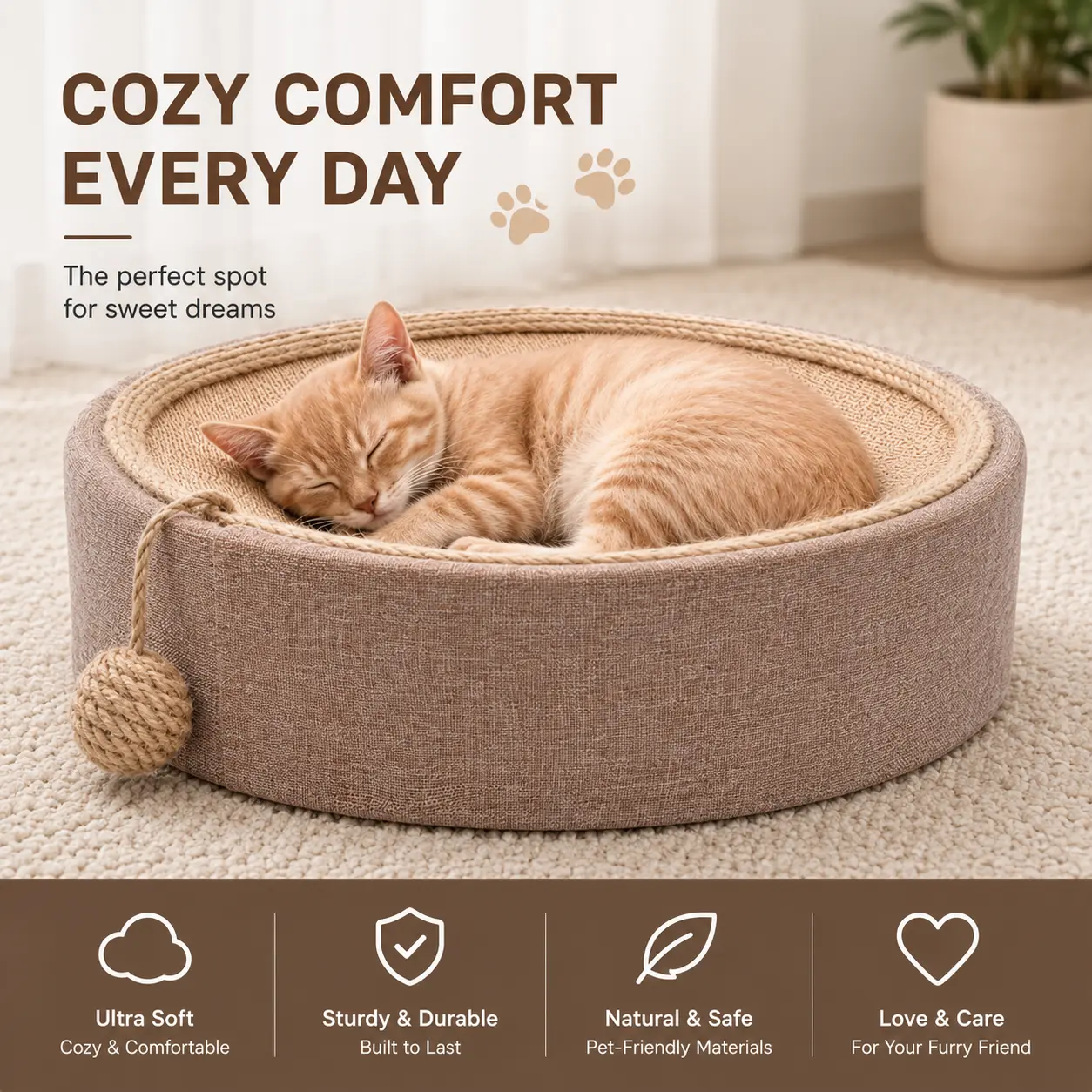 Round Cat Scratcher Bed for Indoor Cats, Natural Sisal Cat Bed Lounge with Toy Ball, Non Toxic Cozy Cat Sleeping Basket