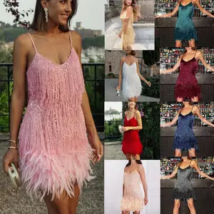 2025 Fashion Tassel Sequin Birthday Party Sexy V-neck Strap Feather Patchwork Dress